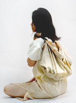 Load image into Gallery viewer, A piece of Furoshiki + a Stripe = Furoshiki Handbag. Sustainable fashion, stylish. the furoshiki is reversable. By Xiapism Natural Dye Sustainable Fashion
